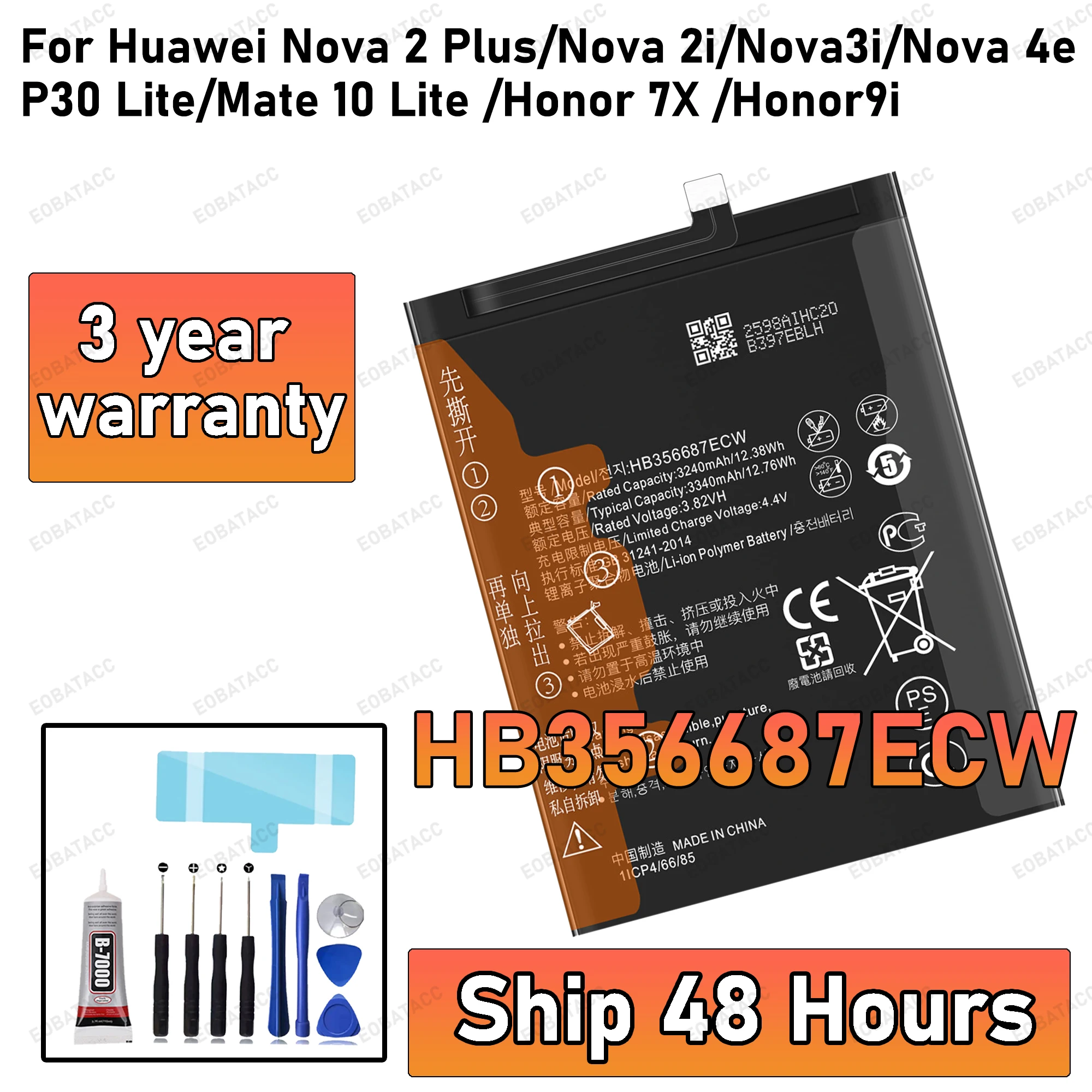 

100% New HB356687ECW Battery For Huawei Nova 2 Plus 2i 2S 3i 4e P30 Lite Mate 10 Lite Honor 7X 9i Maimang 6 Batteries +Tools