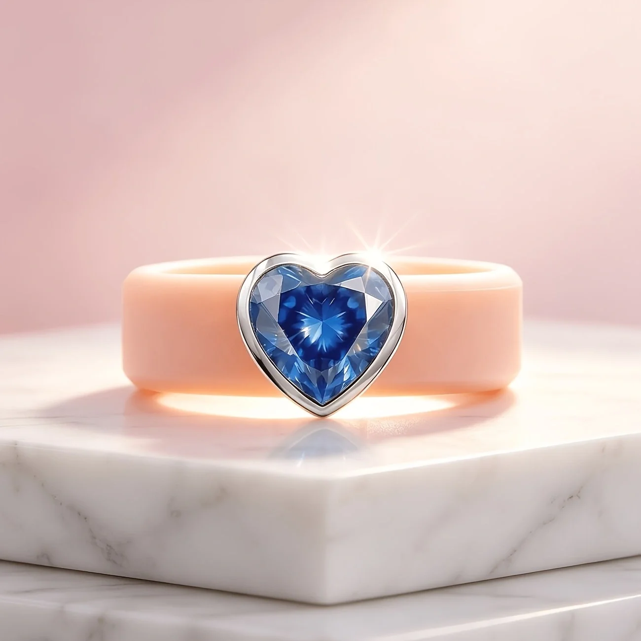1pc 14k Golden Plated Khaki Silicone Ring with Heart Cut Blue CZ, Hypoallergenic Waterproof Band for Women Sports Daily Wear