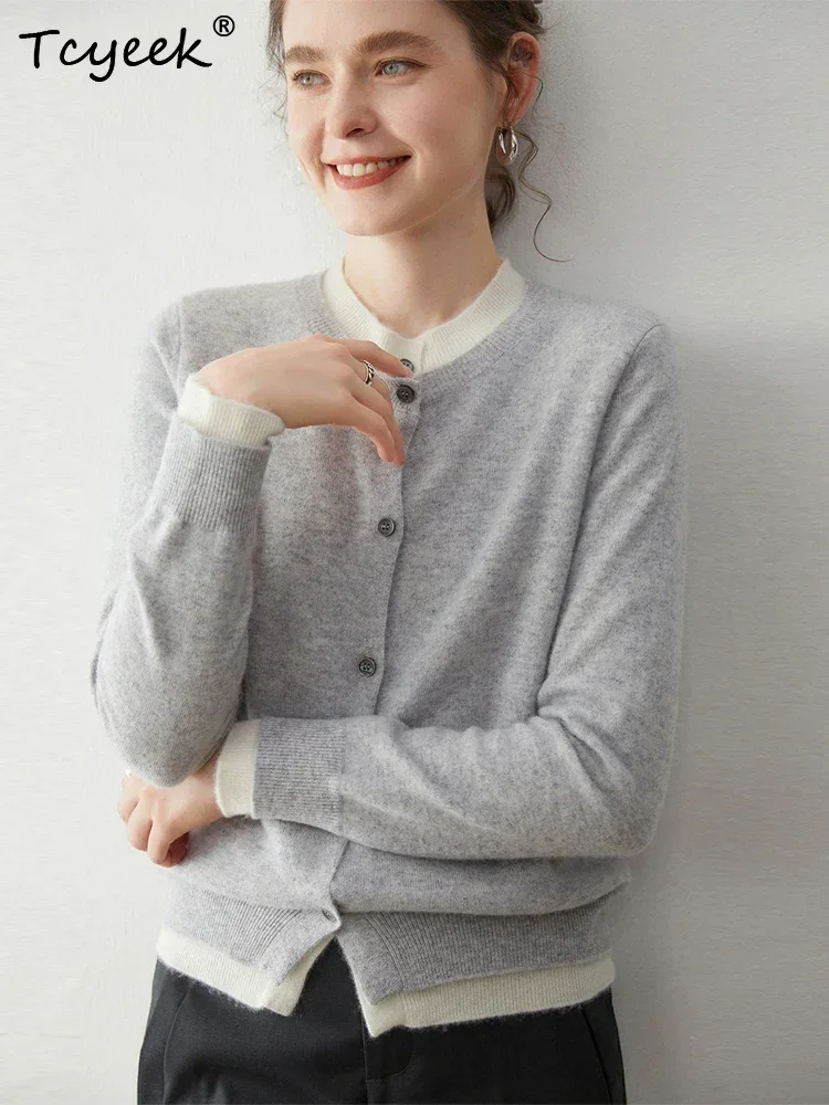 Hot Sale Women's Sweater Cardigan 100% Cashmere Sweater Autumn Winter Warm Double Layer Clothes Fake Two-Piece Design Knit Tops