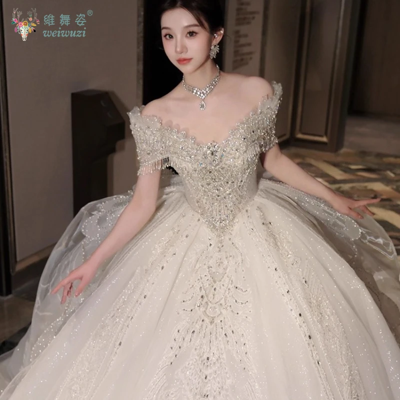 高級プリンセスドレス、ボールガウン、クリスタル、豪華なビーズ刺繍、2025年ラグジュアリーブライダルウェディング、オフショルダー、メインウェディングドレス