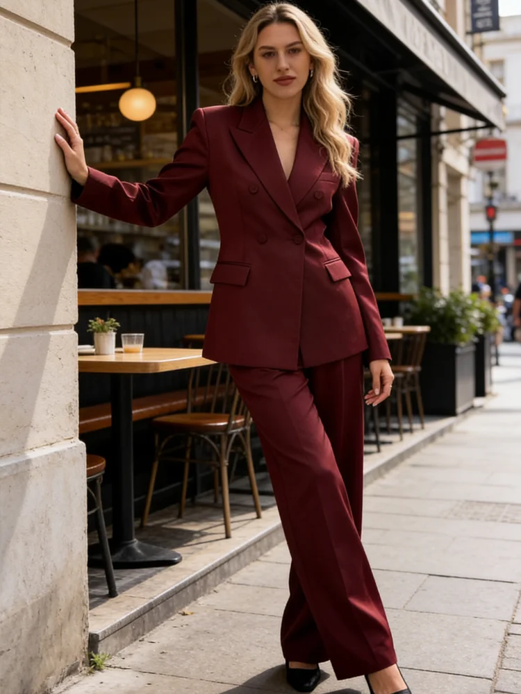 

Женский комплект из двух предметов, элегантные комплекты брюк, атласный пиджак, двубортные пальто, официальная одежда, широкие брюки, новая верхняя одежда