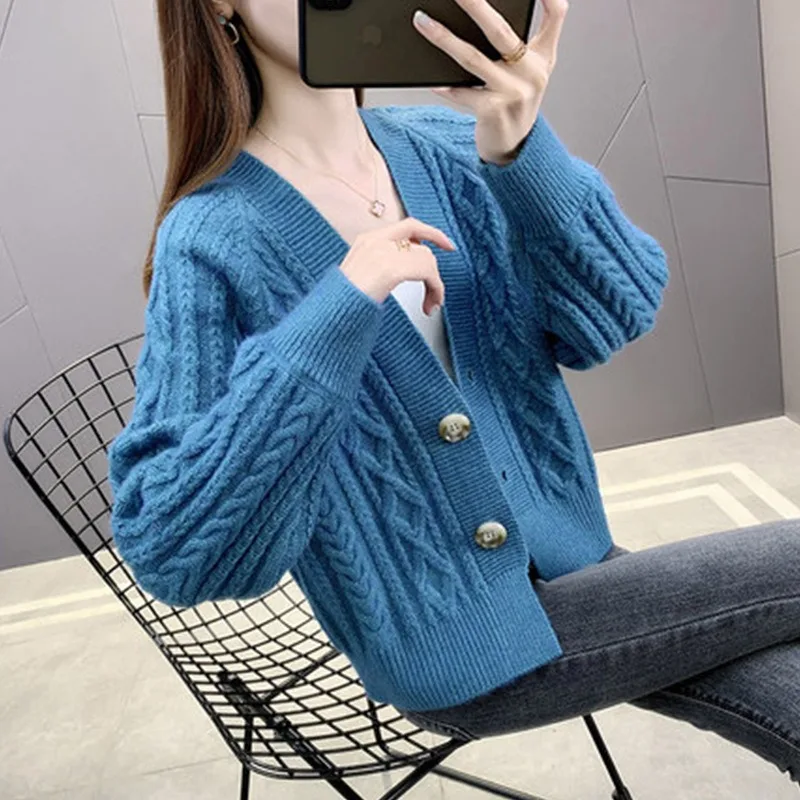 Knitted Cardigan Women Spring and Autumn Style Korean Style Loose High-waisted Petite Figure Short Coat Long Sleeve Thickened