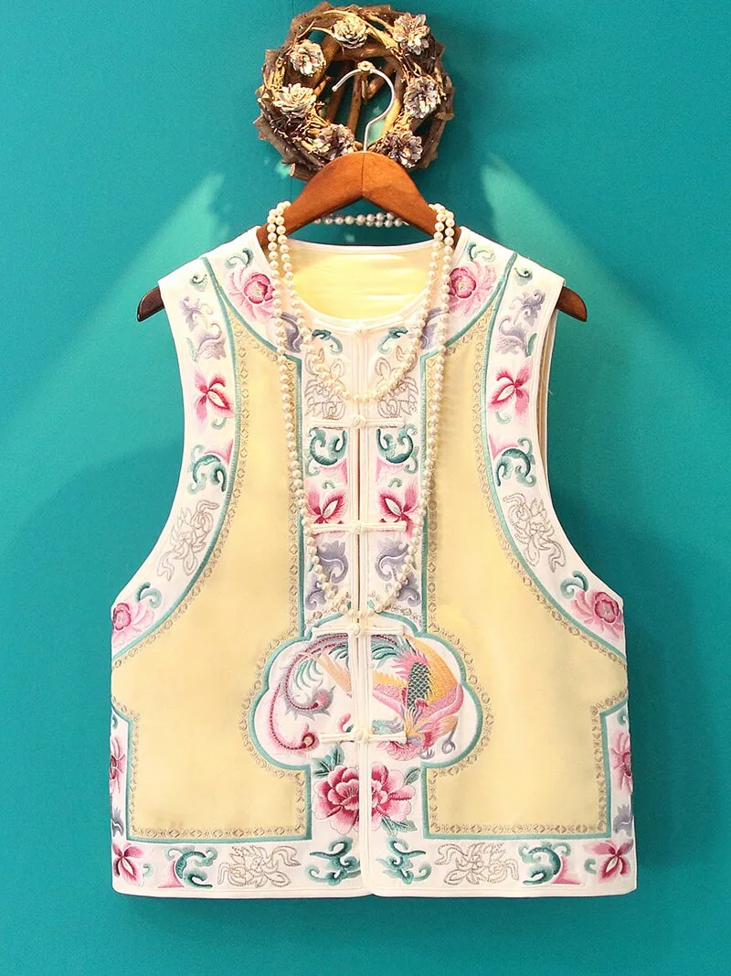 Spring New Ruyi Embroidered Acetate Chinese Style Vest Yellow Cardigan Retro National