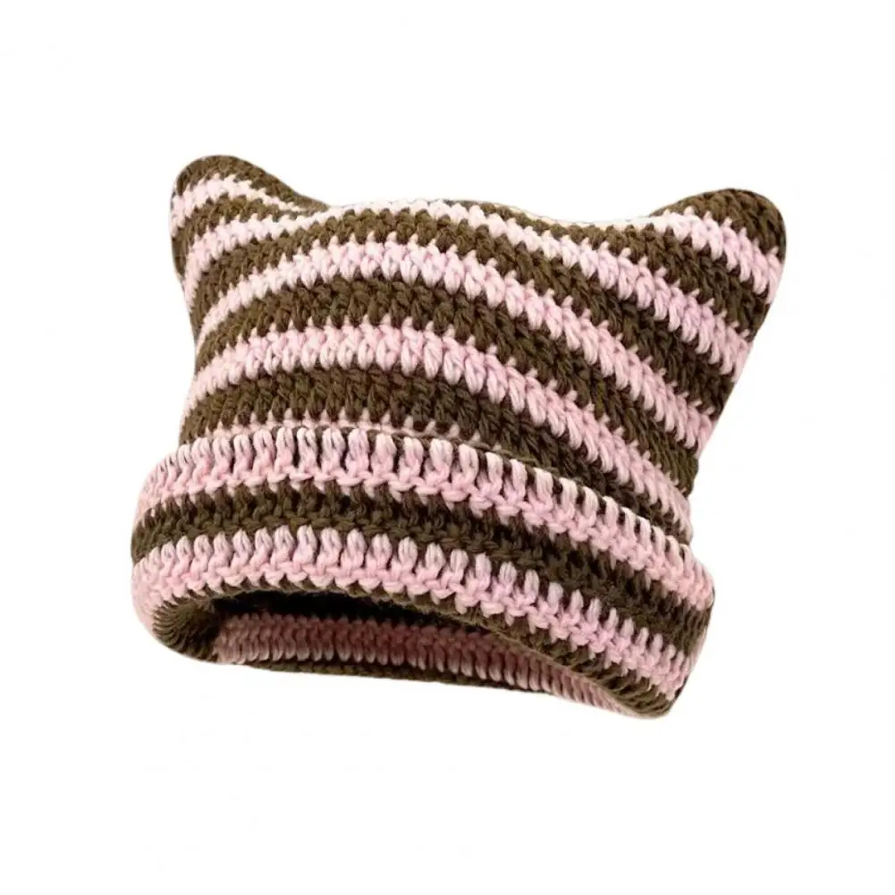 Ladies Striped Beanie Stylish Winter Ladies Hat with Kitty Head Design Striped Star Fur Ball Decor Windproof Elastic for Women