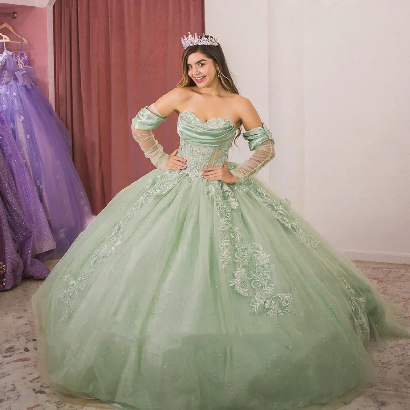 Vestido Quinceanera de tule verde sálvia, vestido de baile, apliques florais, Sweet 16, personalizado, 2024