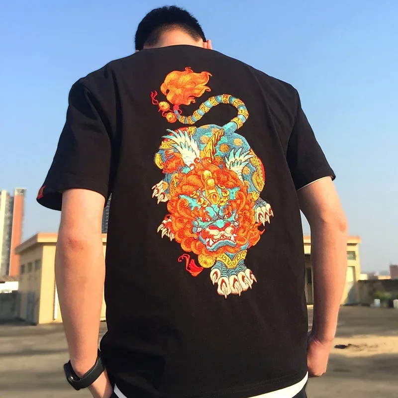 New T-shirt Heavy Industry Embroidery Pixiu Short Sleeve Half Sleeve Men's Summer Chinese Style Ethnic Couple China-Chic Shirts