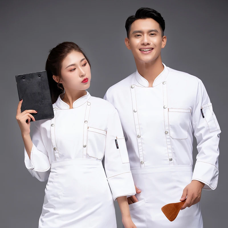 Chef Jacket Men Long Sleeve Shirt Apron Hat Bakery Cook Coat Unisex Kitchen Pastry Clothes Restaurant Waiter Uniform Print Logo