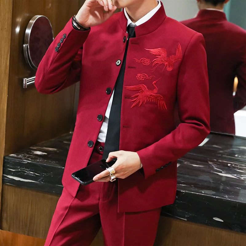 

Костюм (пиджак + брюки) Мужской джентльменский свадебный модный деловой костюм для шафера, повседневный костюм с воротником-стойкой в китайском стиле M-5XL