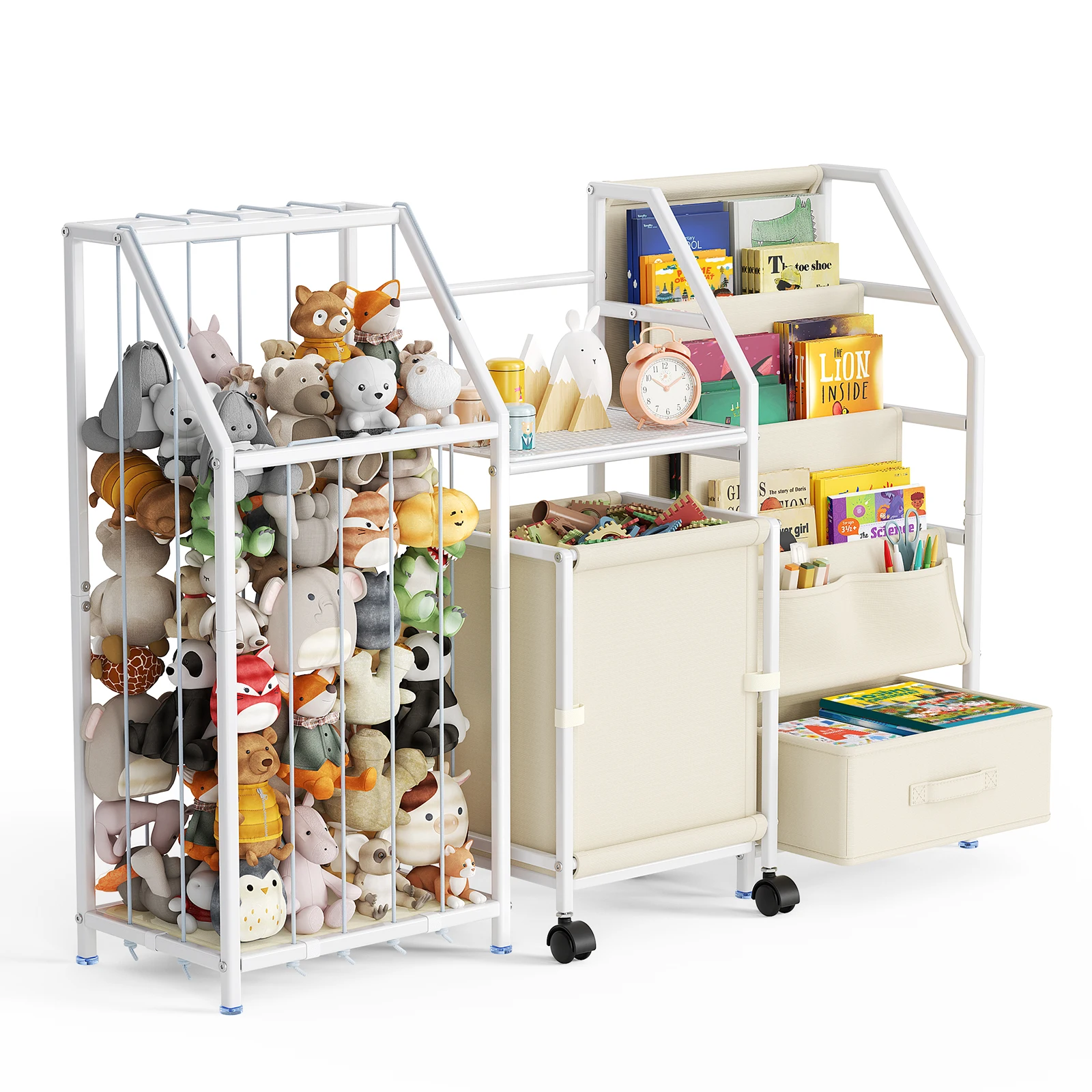All-in-One-Bücherregal und Spielzeug-Organizer für Kinder, mit Rollwagen, 3-stufigen Aufbewahrungstaschen und Schublade für Schlafzimmer und Spielzimmer
