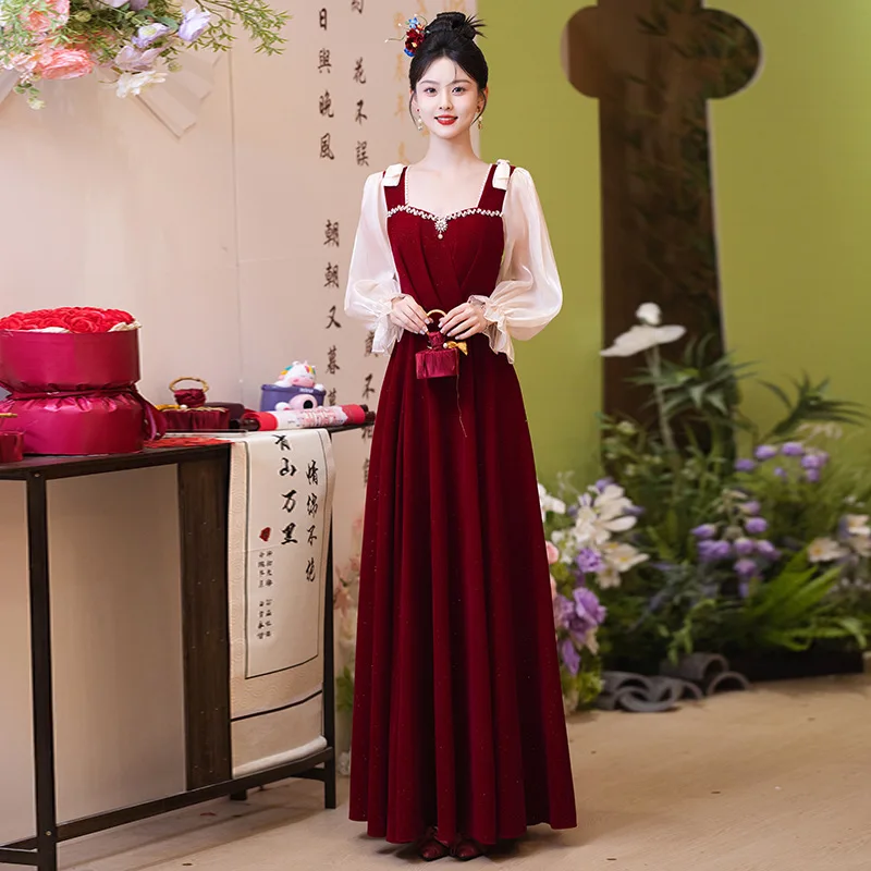 

Luxury Toast Bride Wedding Dress Women Elegant Qipao Cheongsams Long Sleeved Velvet Chinese Dress Vestidos De Festa 6XL 7XL 8XL