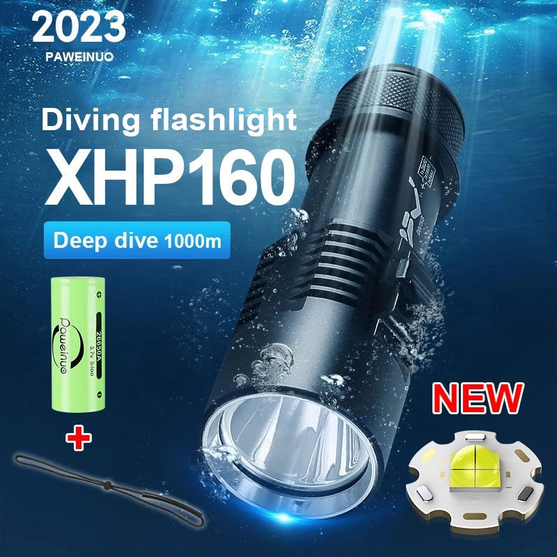 Professional Diving Flashlight Rechargeable XHP160 Diving Torch 1000m Underwater Lantern IPX8 Waterproof Flashlights