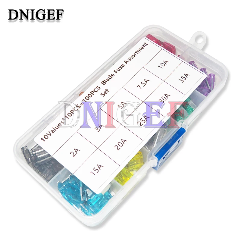 10Values 100PCS/Set Mini Auto Fuse Car Fuse Blade Kit Assortment With Box 2A 3A 5A 7.5A 10A 15A 20A 25A 30A 35A