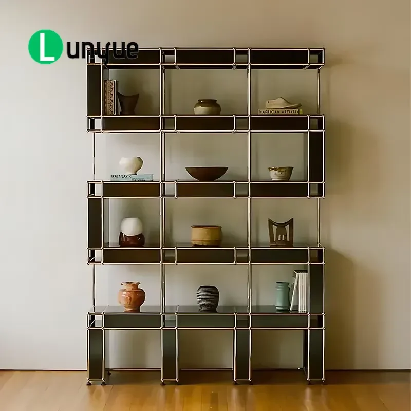 Modern Stainless Steel Bookcase Lightweight Luxury Retro Style Display Cabinet for Study Room Simple Fashion Furniture