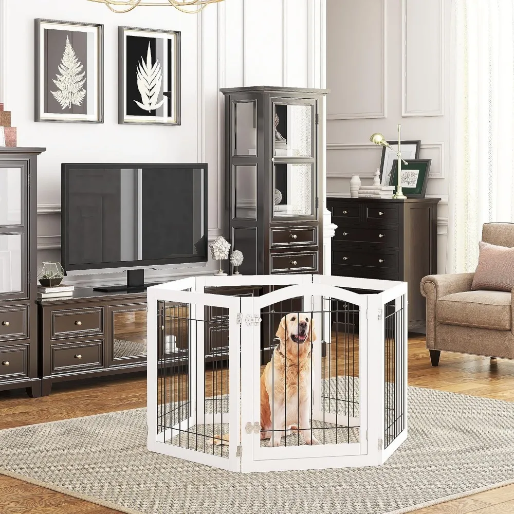 Dogs Playpen, Dog gate with Door Walk Through, Freestanding Wire Pet Gate for The House, Doorway, Stairs, Pet Puppy Safety Fence