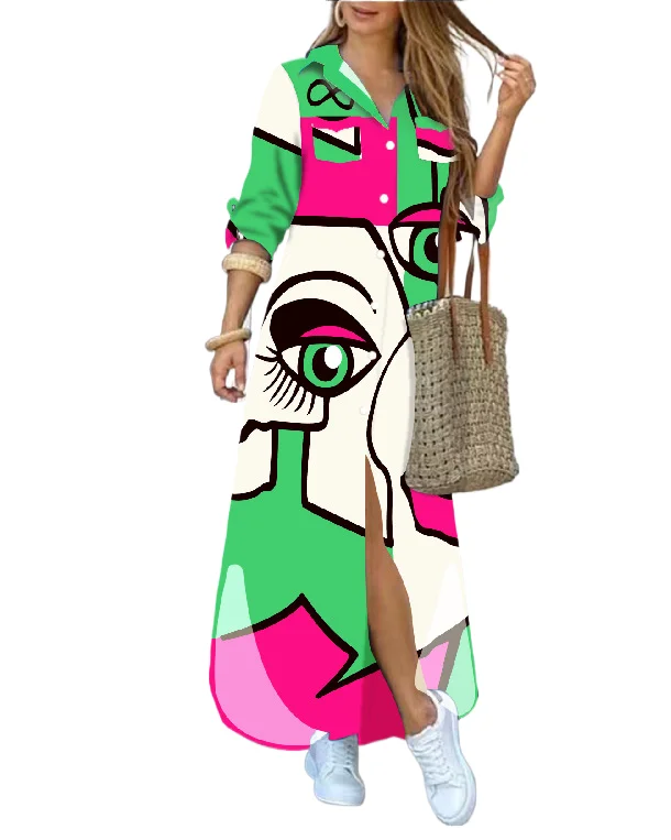

Printed Shirts Long Dresses Women Spring Autumn Long Sleeves Casual Loose Maxi Dress Fashion Commuting Streetwear Lady Vestidos