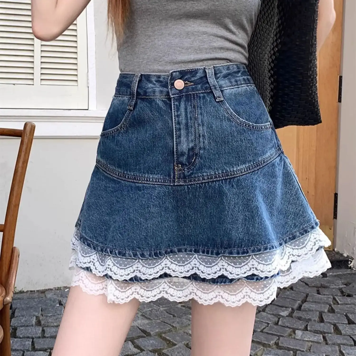 Gonna di jeans in pizzo per ragazza piccante Vita alta A-Line Slim Fit Gonna corta a trapezio Minigonna avvolgente casual per ragazza calda estiva