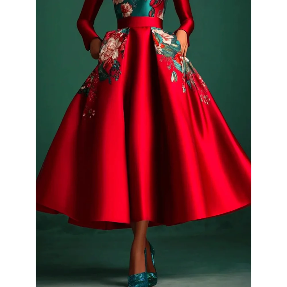 プラスサイズ サテン チャイナ風 レディース ワンピース クルーネック 花柄 プリント ウェディング エレガント パーティー ミディ丈 ドレス 長袖 イブニングドレス