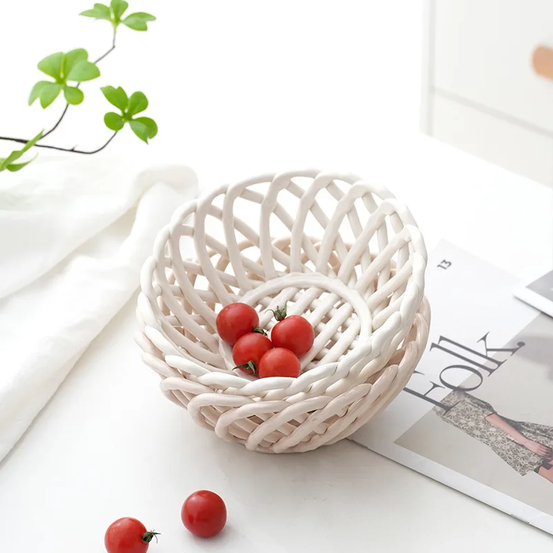 سلة فواكه منسوجة يدويًا من السيراميك، ديكور منزلي من السيراميك المجوف، طاولة طعام لغرفة المعيشة، وجبات خفيفة من الفاكهة، سلة تخزين الخبز #4