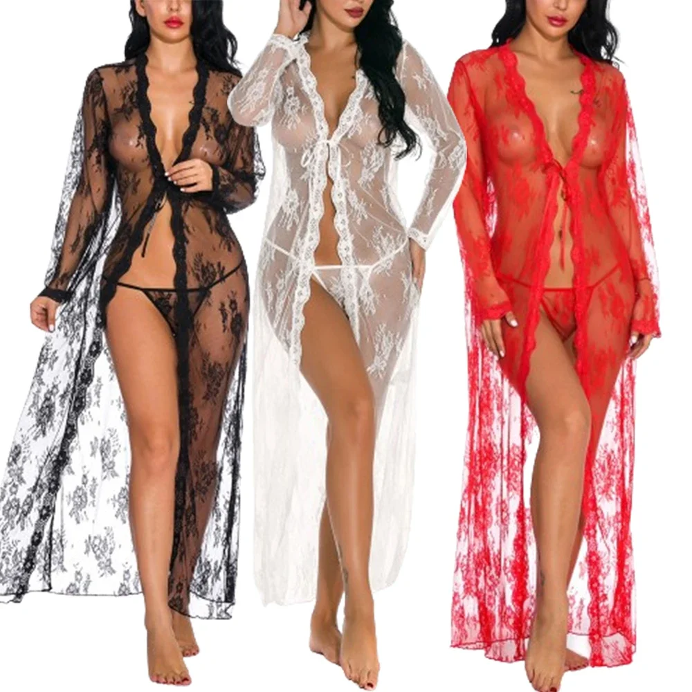 Women Sexy Cardigan Nightrobe Transparent Lace Long Night Dress Sheer See Through Kimono Robe Dress Nightgown Exotic Costumes