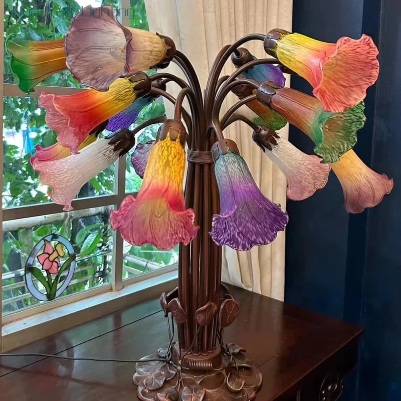 18 Amber Green Pond Lily Novelty Lampshade Desk Lamp Household Living Room Blown Glass Hotel Villa E14 Lamp Decoration