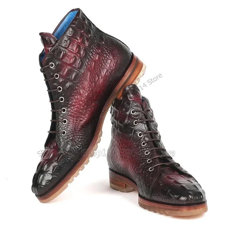 

Mixed Gradient Color Crocodile Print Fretwork Boots Fashion Lace Up Men Shoes Luxurious Handmade Party Banquet Men Dress Shoes