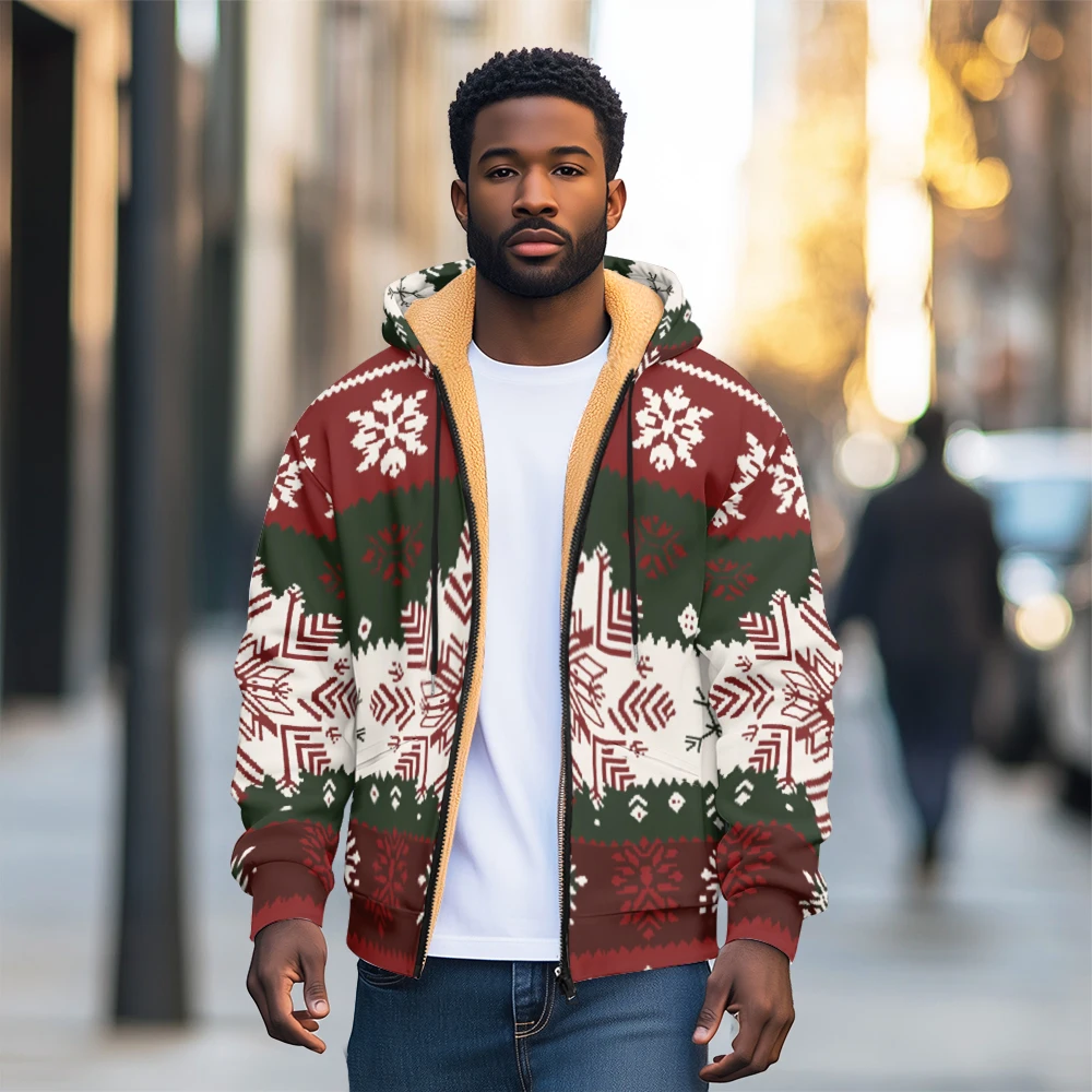 

Lamb Wool Sweatshirt For Men Autumn Winter Thickened Fleece Lined Loose Fit Korean Trendy Hooded Cardigan Christmas Jacket