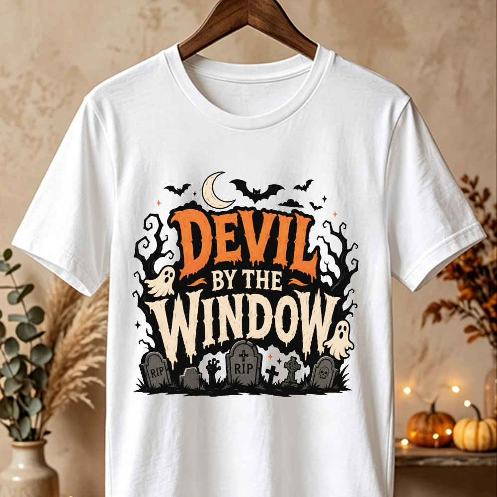 Spooky Devil By The Window Print T-Shirt Women Gothic RIP Tombstone Graphic Cotton Short Sleeve Summer Casual Festival Wear