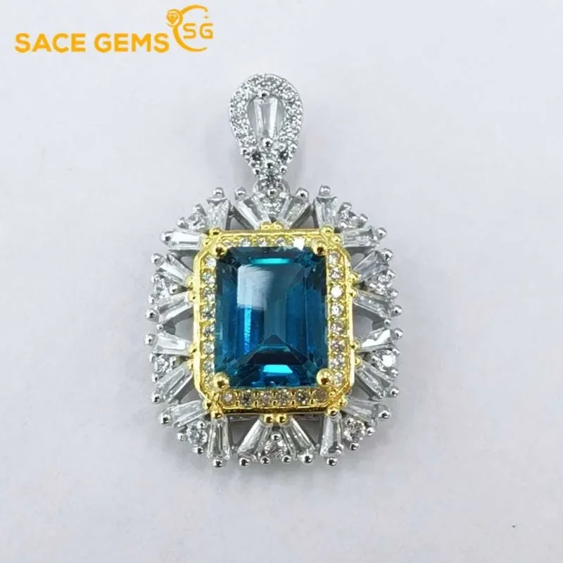 SACE GEMS Luxury 925 Sterling Silver 7*9MM Natual London Blue Topaz Pendant Necklace for Women Cocktail Party Fine Jewelry Gift