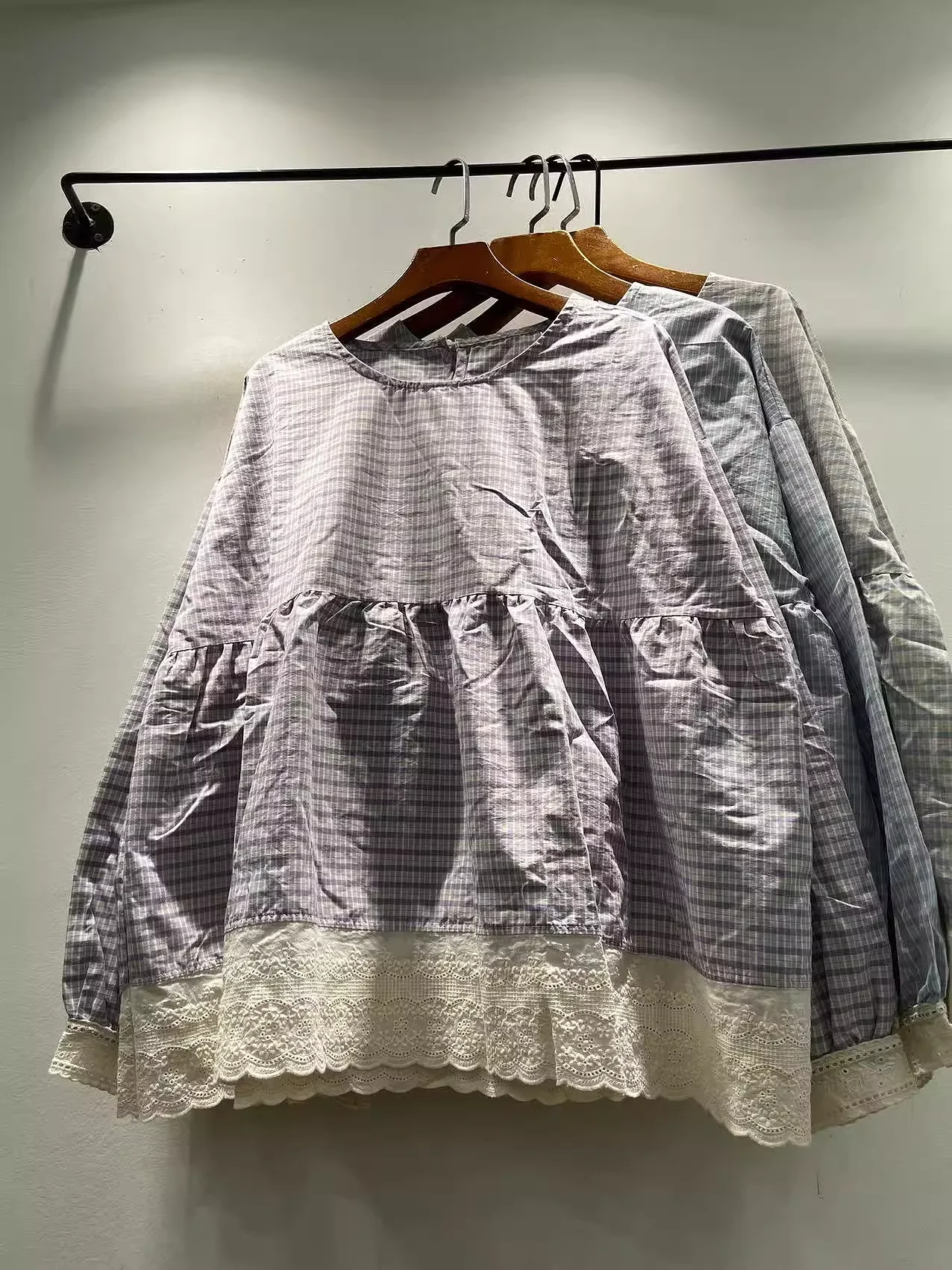 

Enianechu Bust 122cm large size tops Japanese style blue purple khaki plaid shirts and long sleeve blouses cotton women pullover