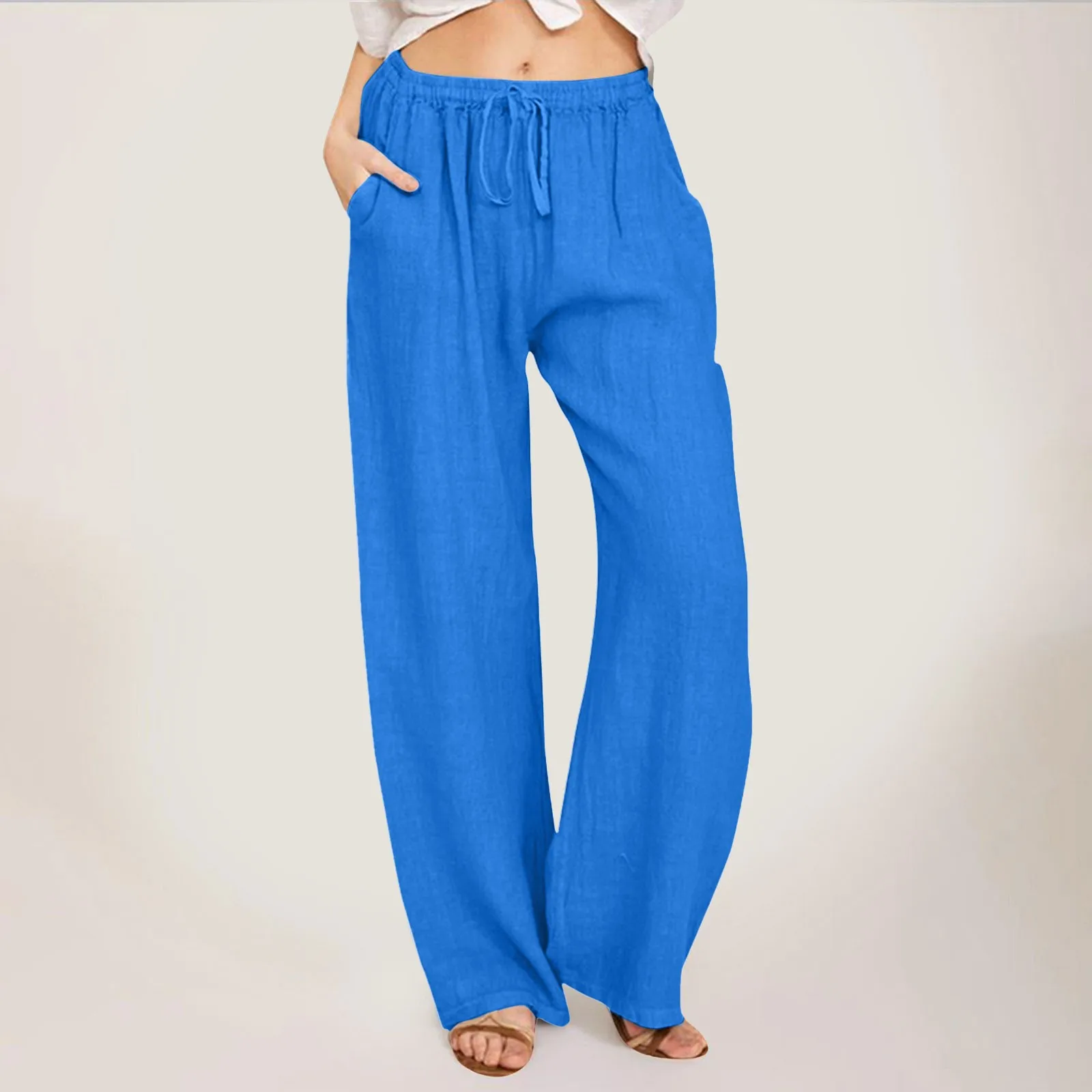 

Women's Fashion Cotton Linen Trousers Wide-Legged Casual Loose Versatile Drawstring High-Waisted Trousers With Pockets