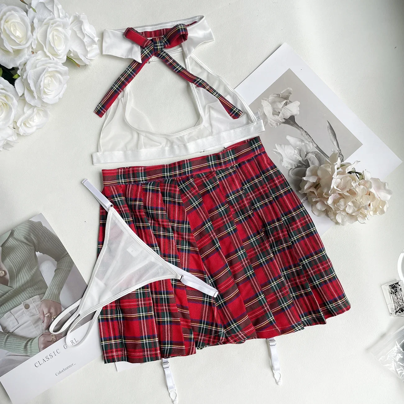 Teacher Cosplay Lingerie Sheer Halter Bra Plaid Skirt See Through Intimate Goods Sissy Erotic Crotchless Briefs Outfits