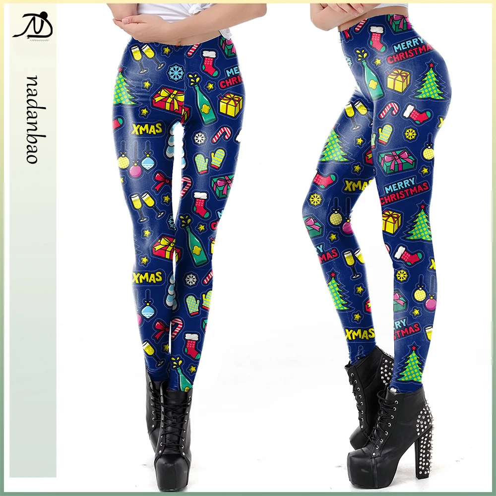 Nadanbao Merry Christmas Digital Printing Leggings Women Sexy Holiday Party Pants Female Mid Waist Elastic Tights Trousers