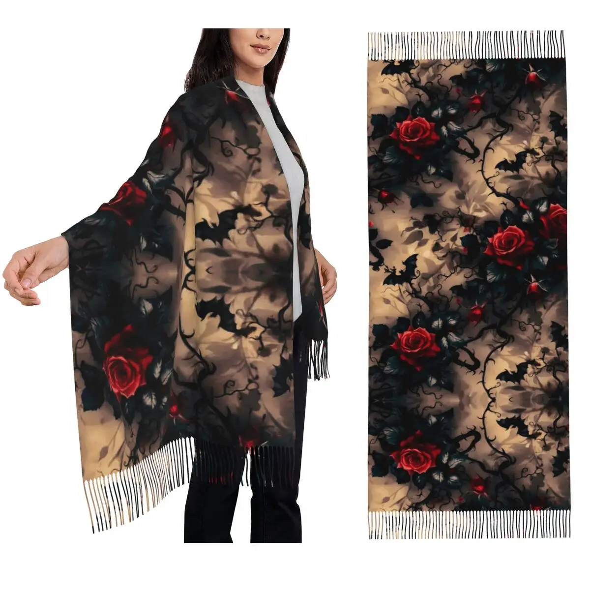 وشاح غني بتصميم وورود جميلة أوشحة شرابة للنساء شالات دافئة ناعمة ويلتف شال طويل للخريف والشتاء