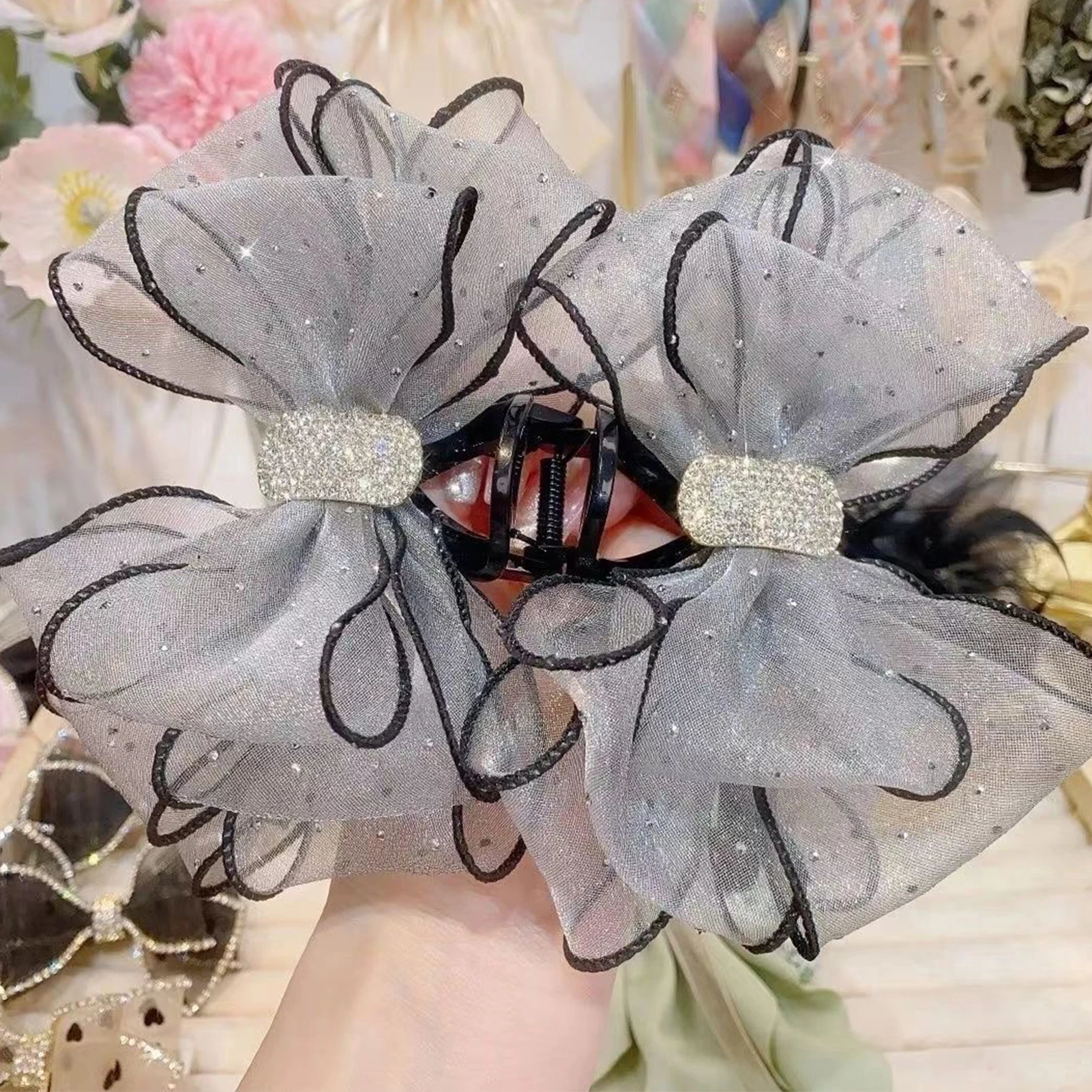 Trendige Strass-Haarklammer Elegante Schleifenknoten-Gaze-Haarspange Koreanischer Stil Schleifen-Haarklammer Exquisites Haar-Deko-Accessoire – Detail 3