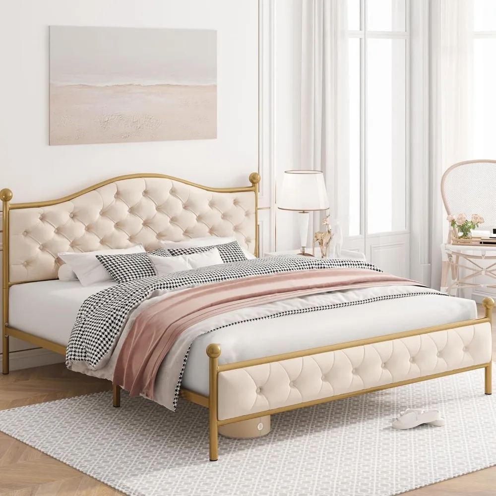 Luxury Full Platform Bed Frame with Button Tufted Curved Headboard, Velvet Upholstered Gold Bed Frame, Heavy Duty Metal Frame