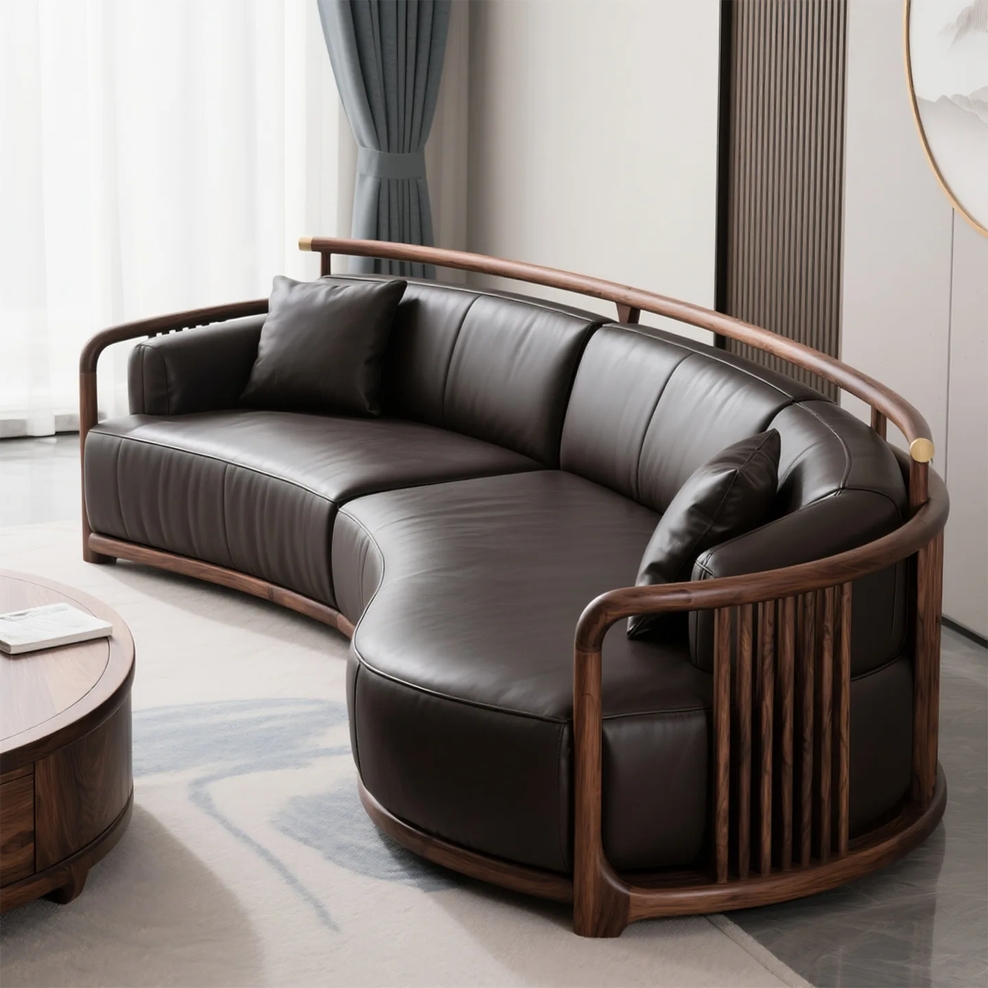 New Chinese style, North American black walnut sofa, design sense, simple arc, household living room, reception sofa