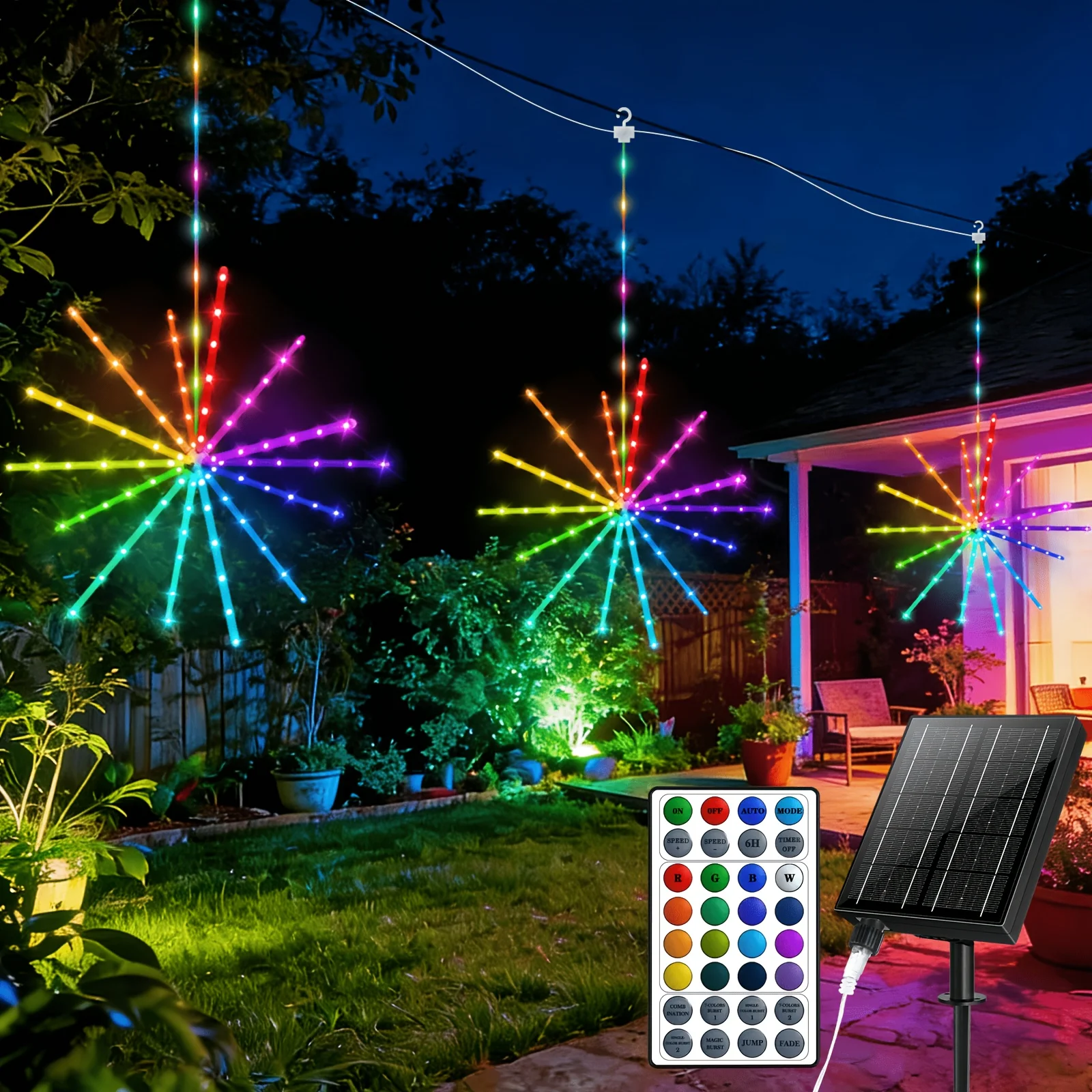

Solar Powered Three Star Explosion Light Fireworks Fairy Explosion Light Star String 342 LED Shooting Star Lights with Remote Control USB Charging, 64 Lighting Modes Operation, Suitable for Courtyard Garden Party Christmas Camping Etc.