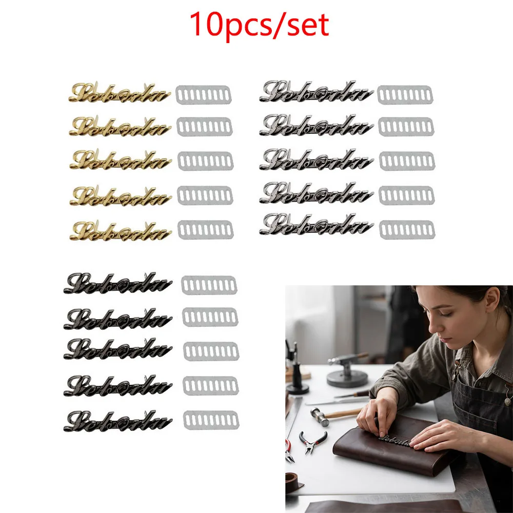 10Pcs/Set Metal Hardware Accessories for Bag and Handbag Making, 5 Letter Buckles + 5 Fixed Pads, DIY Hyuna Bag Decoration Buckle Zinc Alloy Letter Tags