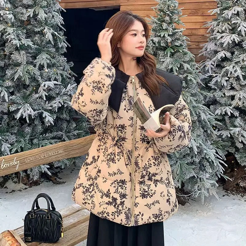 Jaqueta floral com gola Peter Pan para mulheres, novo estilo de inverno, comprimento médio, cintura definida, casaco fino na moda