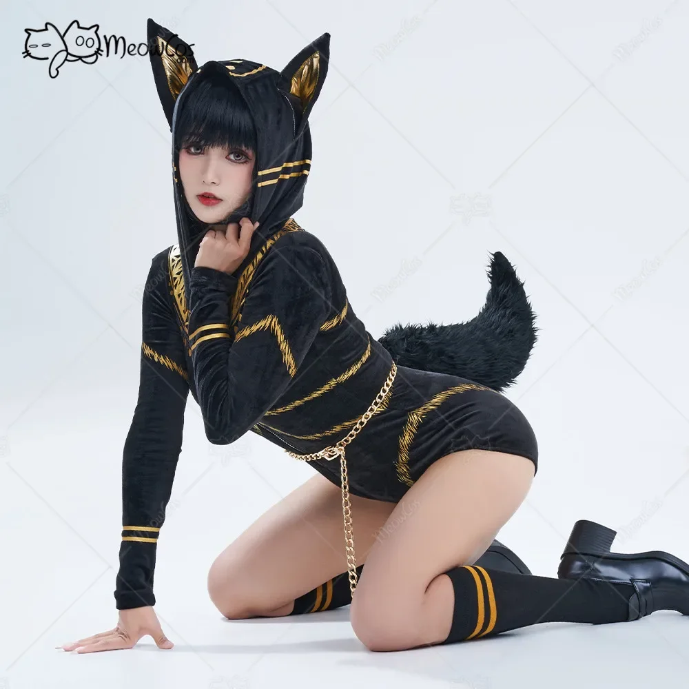 

Meowcos Dark Anubis Style Bodycon Romper Pajama 3D Ear Long Sleeve Zipper Bodycon Cat Jumpsuit Sleepwear with Choker and Socks