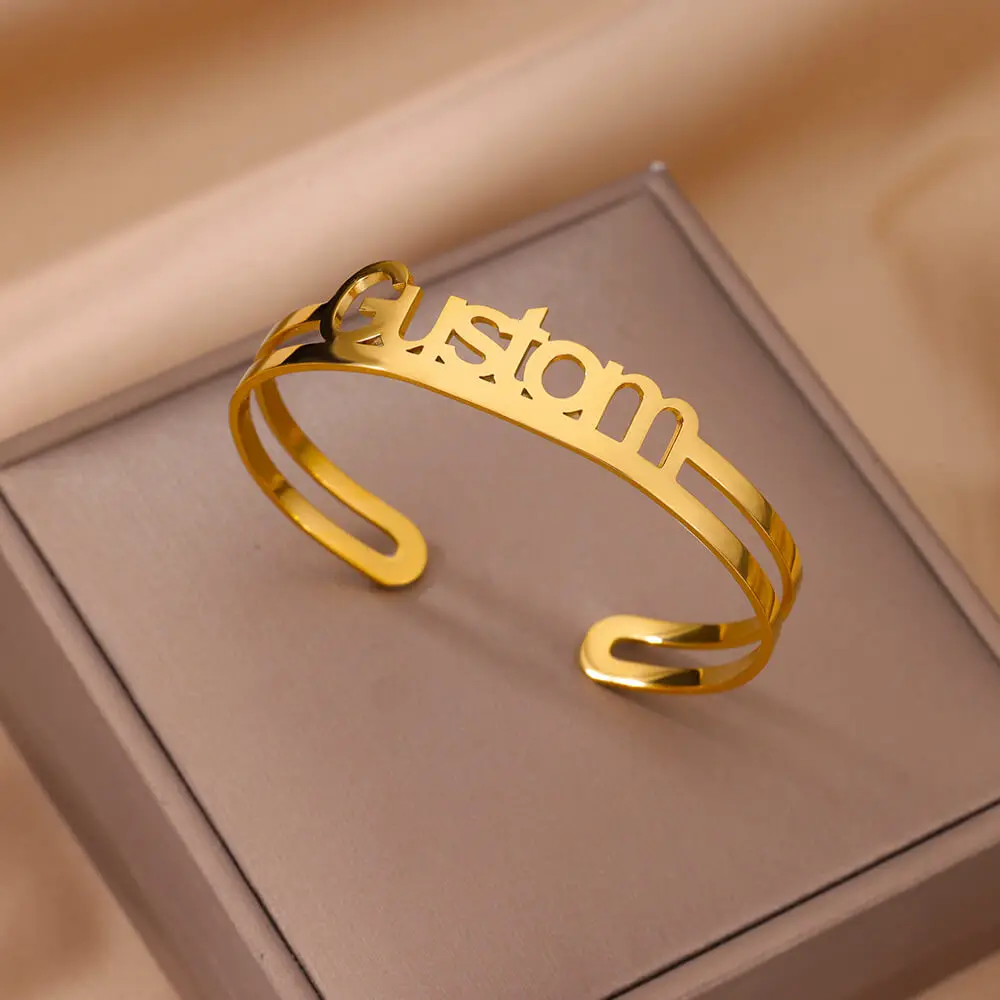 

Customized Bracelets For Women Personalized Stainless Steel Name Double Layer Hollow Open Bangle Party Jewelry Gift