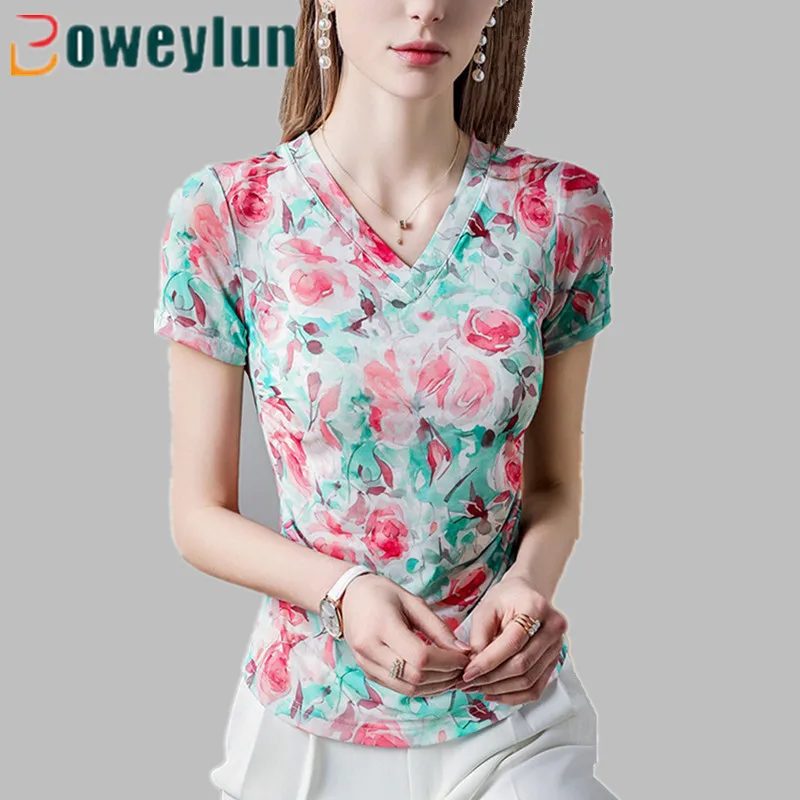 

Boweylun New Printed V-Neck Floral Fashion T-Shirt Women Breathable Folded Slim Short Sleeve Female