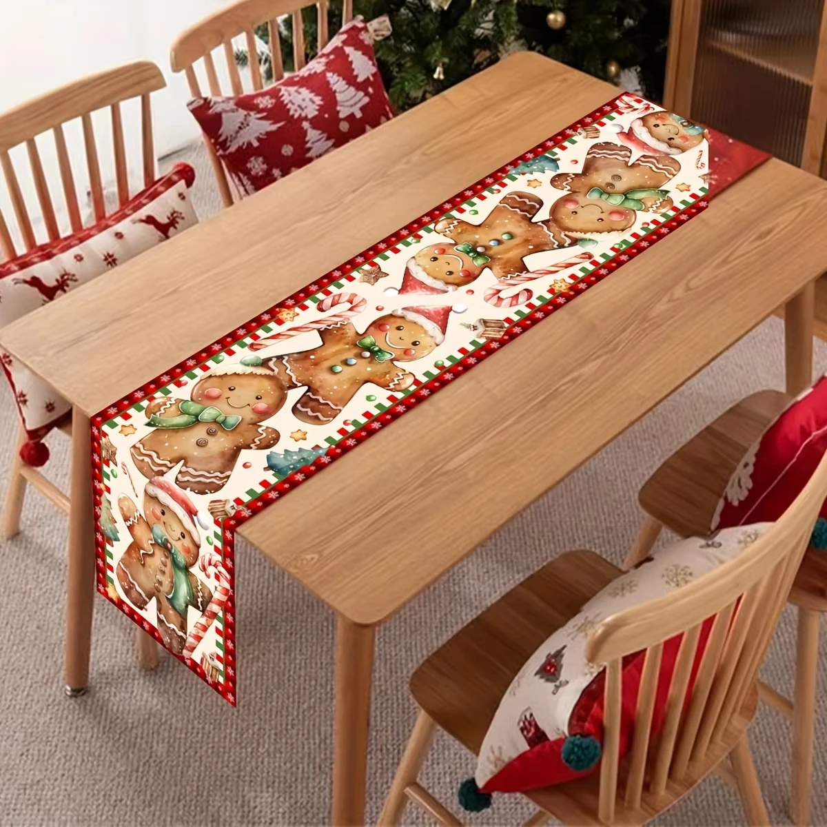 عيد الميلاد الزنجبيل رجل الجدول عداء مع قصب الحلوى طباعة الكتان خلفية ملونة لقضاء عطلة الطعام