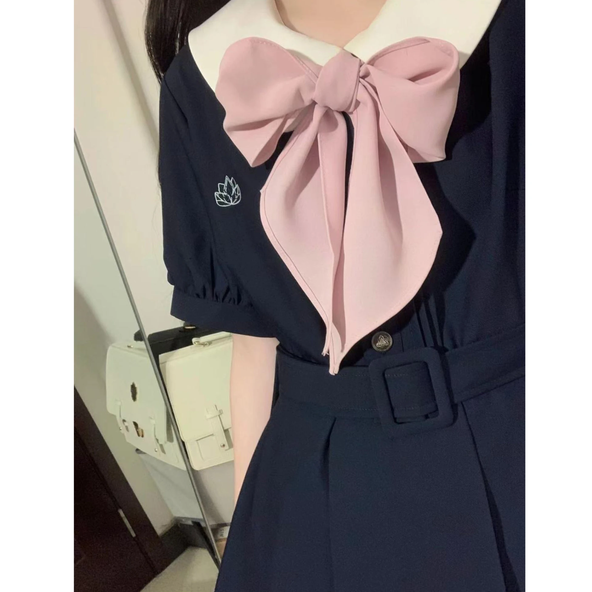 Korean Preppy School Uniform Jk Spring/Summer Sailor Uniform Dress Girl Student Loose Long Bow Short Sleeve Pleated Skirt