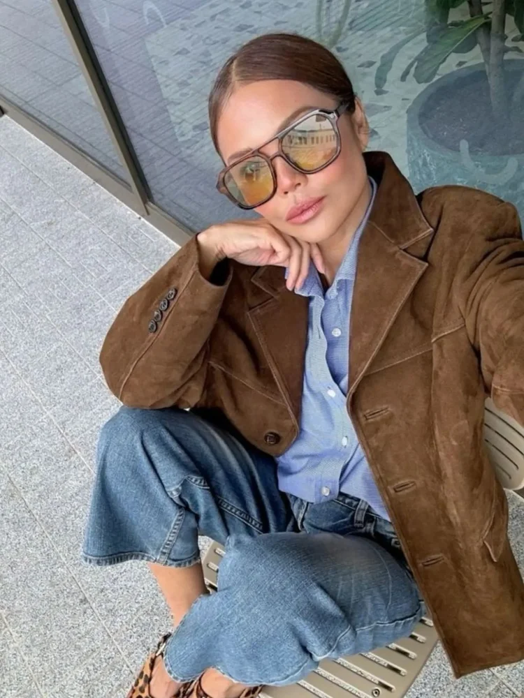 Women Chic Brown Casual Suede Jackets Lapel Long Sleeve Single Breasted Pockets Coats Autumn Lady Commuting Street Outwear