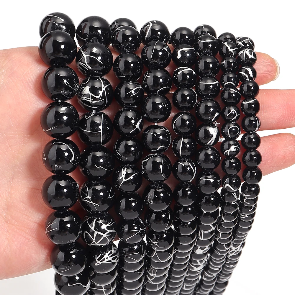 ลูกปัดแก้วทรงกลมสีดำขนาด 6/8/10/12 มม. จำนวน 30-60 ชิ้น/ล็อต ลูกปัดแก้วลายทอง/เงิน ลูกปัดหลวมสำหรับทำเครื่องประดับ DIY