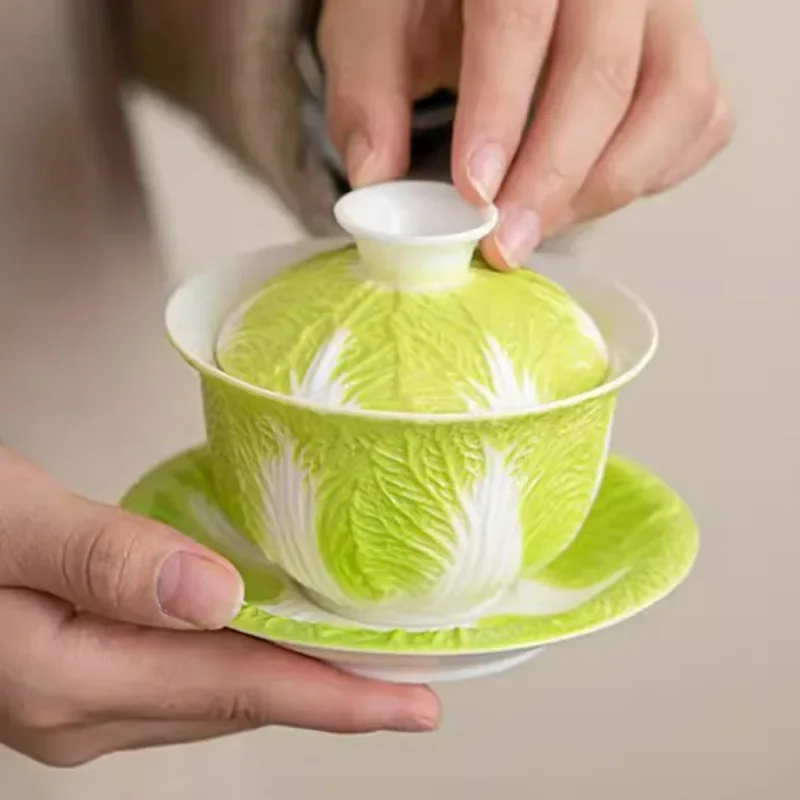 لحم الضأن الدهون اليشم الخزف باي كاي Gaiwan الأبيض طقم شاي سيراميك الإبداعية المنزل استخدام الملفوف تصميم الكونغ فو كوب تخمير مع غطاء