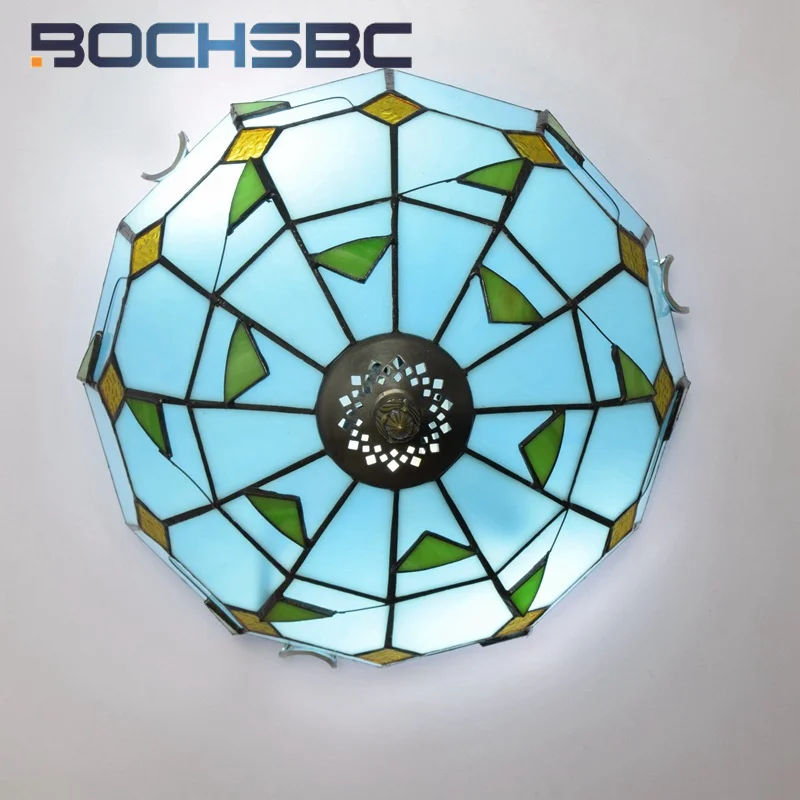 BOCHSBC Tiffany style Mediterranean stained glass Blue leaf 12inch ceiling light for dining room bedroom aisle hallway LED decor