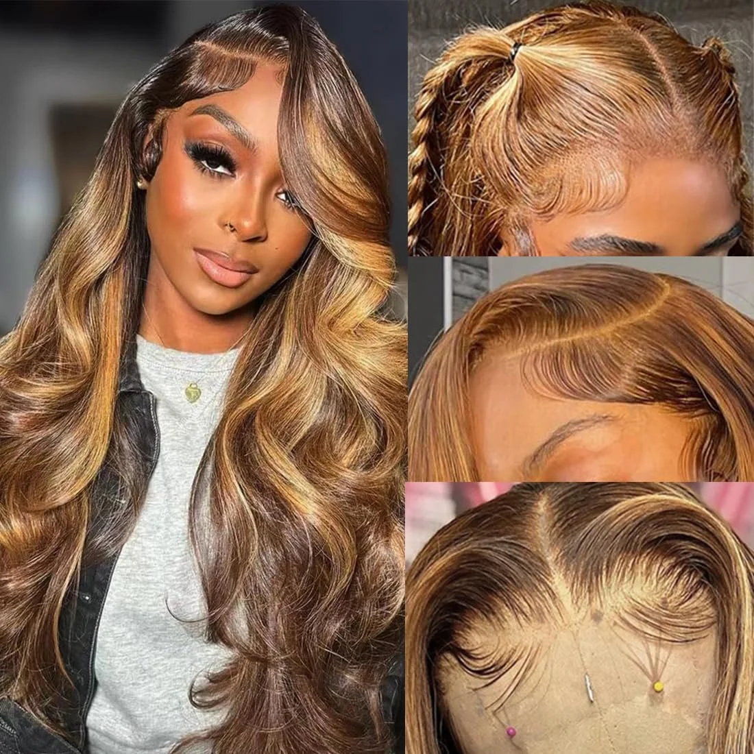 

46-дюймовый парик из натуральных волос с волнистым укладом, цвет 4/27 медово-блонд, с HD-кружевной передней частью, для женщин, с прямым укладом и мелированием