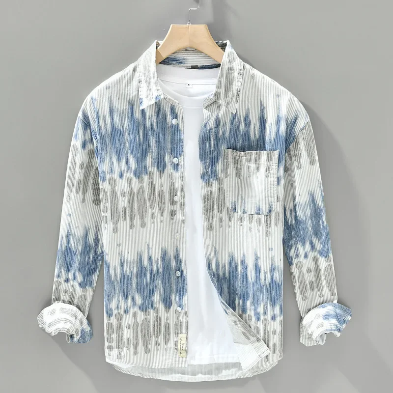 128 100% Cotton America Style Vintage Printing Casual Loose Shirt High Quality Spring Fashion Long Sleeve Chest Pocket Tops Male